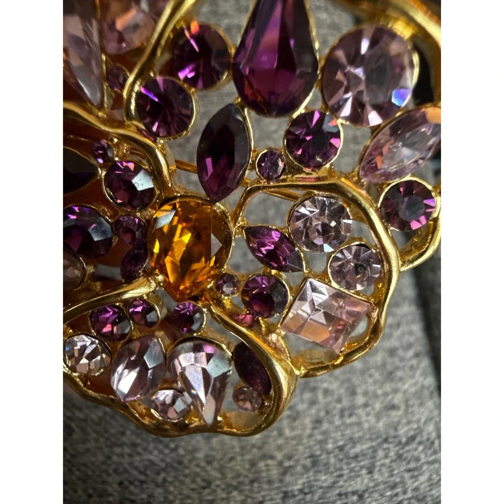 Nolan Miller VTG Glamorous‎ Pansy Brooch Pin Gold Tone Purple Crystal Accents